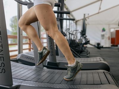 Blurred motion of legs during a cardio exercise.