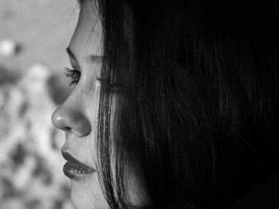 Close up of a calm face after a workout.